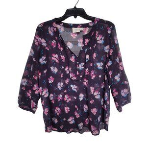 ⭐St. John's Bay Sz S Women's Navy  Blue Floral 3/4 Sleeve Blouse Transparent